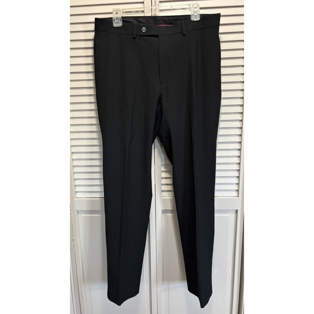 Van Heusen Flex Men's Black Trousers Straight‎ Leg Flat Front Pant Size 34x32